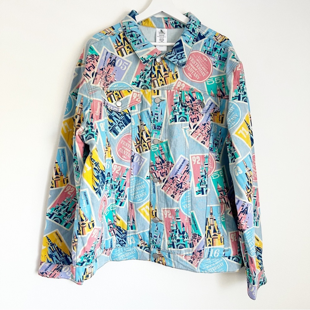 NWT Disney Parks Castles of Disney Collection Denim Jacket XXL Pockets Blue Pink